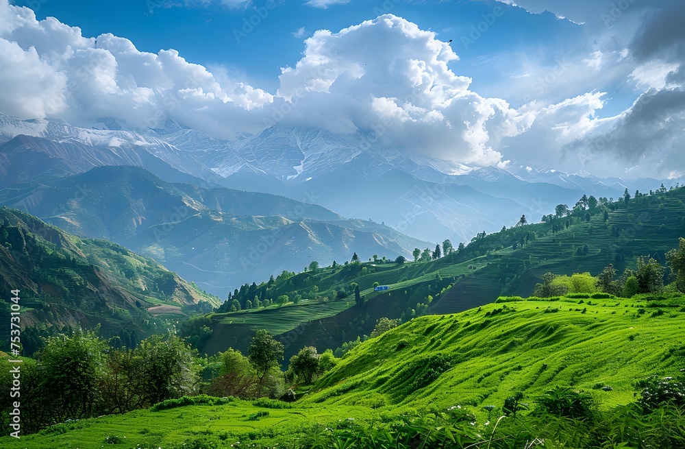 Captivating Himachal Valley: Snow Peaks and Verdant Slopes Captured by Sony Alpha, Echoing Western Artistry, Under a Cloud-Dappled Sky