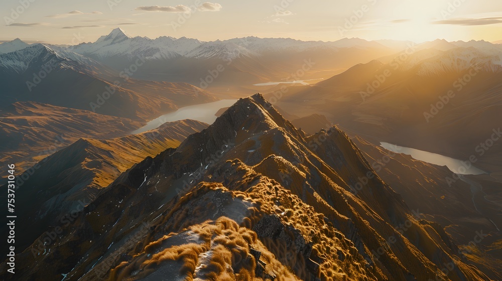 Golden Hour Majesty: Cinematic View from a New Zealand Peak Overlooking a Rugged Landscape at Sunset, in a Stunning 16:9 Aspect Ratio.