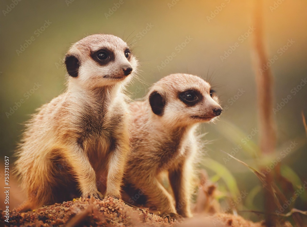 Fototapeta premium Meerkat pups in nature closeup shot on the wild