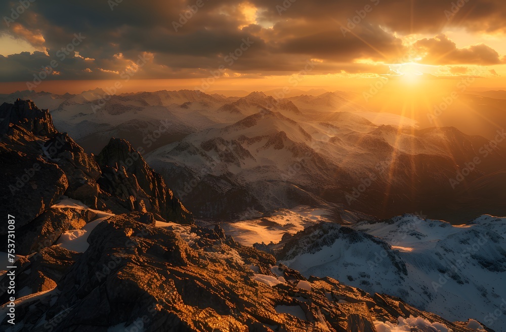 Cinematic sunrise over snowy mountains captured in sharp detail with a Sony A7R IV and Leica M6 lens, highlighting golden hour's beauty.
