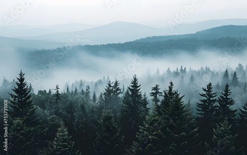 Misty forest and distant mountains captured in a serene, high-quality Unsplash-style photograph, aspect ratio 8:5.