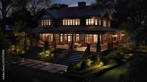 Nighttime elegance an aerial perspective showcases the timeless appeal of a classic craftsman house, its deep mahogany exterior illuminated by moonlight. © ASMAT