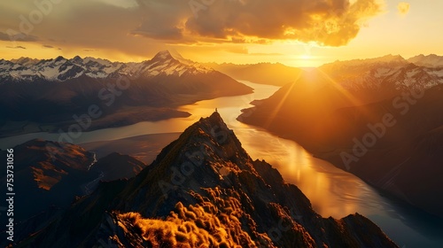 Golden Hour Majesty: Cinematic View from New Zealand's Peak Overlooking a Neighbor in Stunning Realism, Aspect Ratio 16:9