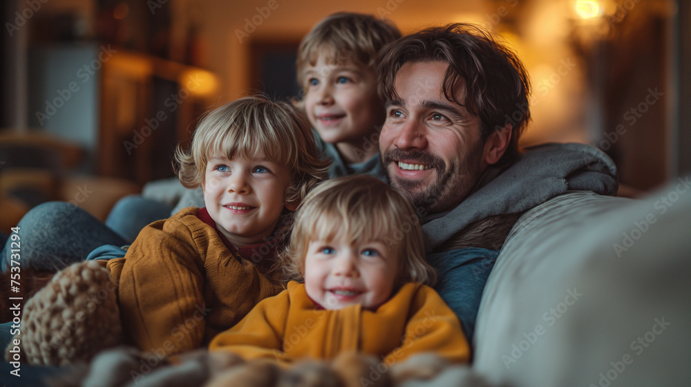 Father's Day Delight: Dad Enjoying a Laugh with His Children on the Couch Father's Day Delight: Dad Enjoying a Laugh with His Children on the Couch