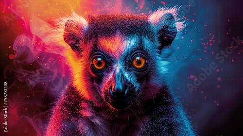 a close up of a small animal on a black background with red, yellow, and blue smoke coming out of it's eyes. photo