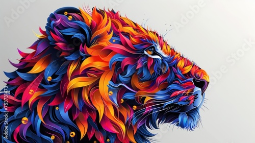 a close up of a colorful lion's face on a white background with a blue sky in the background. photo