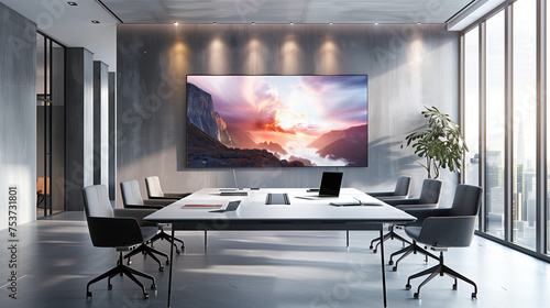 Indoor conference room with a monitor screen on the wall. AI Generated