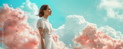 Spring's Whisper: A Fashionable Lady Captured Against a Soft Pastel Sky
