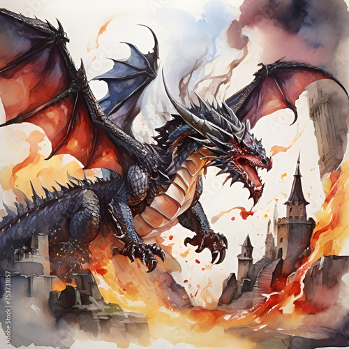 Watercolor dragon illustration, generative ai © Andreea Eremia 