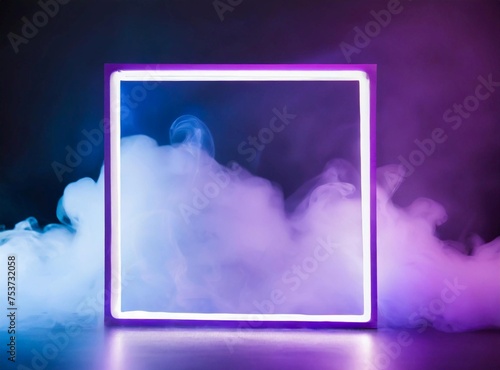 Purple Neon Light with white smoke-Cloud Formation. Square shaped Fluorescent Frame.