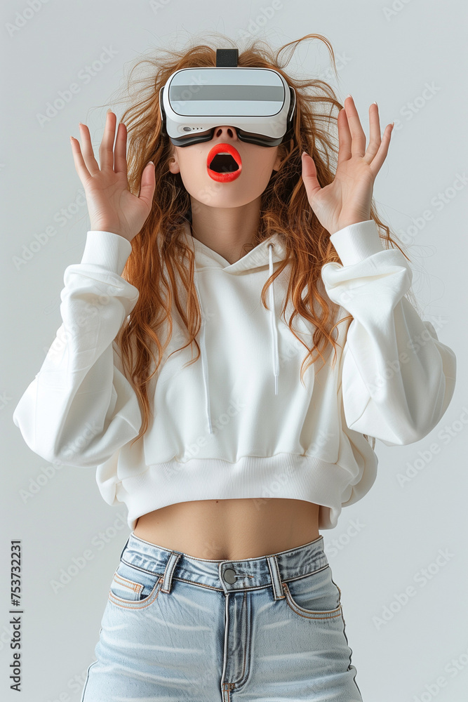 Shocked woman experiencing virtual reality glasses for the first time. AI Generated Shocked woman experiencing virtual reality glasses for the first time. AI Generated
