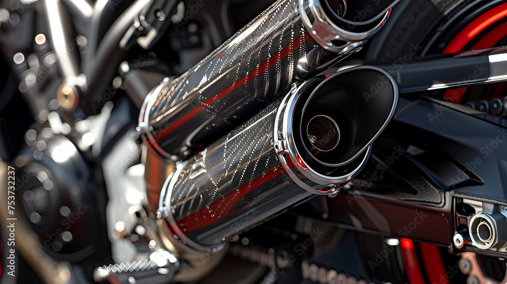 A detailed shot of the motorcycles automotive exhaust pipes