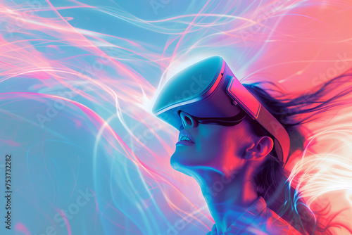 American woman wearing virtual reality glasses. Abstract background. AI Generated