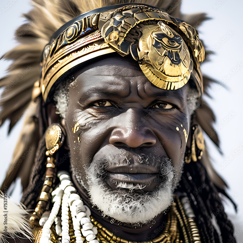 Traditional attire featuring a man with a headdress and gold necklace, symbolizing cultural significance.