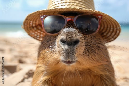 capybara in sunglasses and hat on the beach near the sea, looking at the camera. summer vacation by the sea © iloli