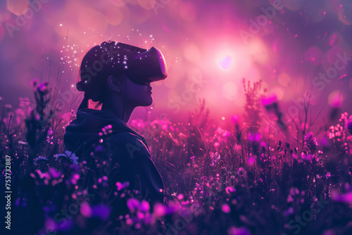 Illustration of a black woman with purple smoke wearing virtual reality glasses. AI Generated