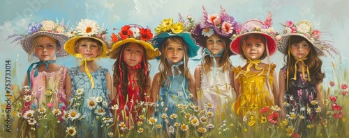 Blooming Beauties: Kids Celebrating Easter with Handcrafted Flower Bonnets in a Sunlit Field
