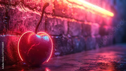 a red apple sitting on the ground next to a brick wall with a neon light on it's side. photo