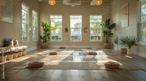 A peaceful yoga studio offering a blend of fitness exercises and strength training photo