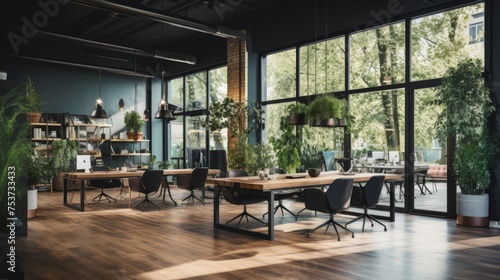 Modern Office Interior: Glass Walls, Plants, and Natural Light. Zen Workspace Light-filled Office Oasis with Lush Greenery