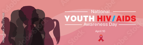National Youth HIV / AIDS Awareness Day banner design with a group silhouette of youth with red ribbon. Vector illustration