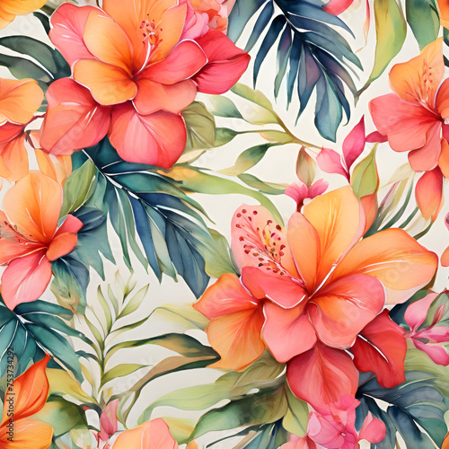Watercolor tropical pattern  Floral paradise illustration  generative ai