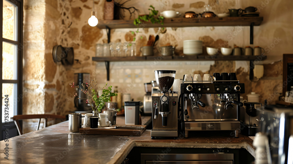 A professional espresso machine on a wooden countertop, with a rustic stone wall and kitchen utensils in the background, evoking a cozy, artisan coffee shop atmosphere. Generative AI A professional espresso machine on a wooden countertop, with a rustic stone wall and kitchen utensils in the background, evoking a cozy, artisan coffee shop atmosphere. Generative AI