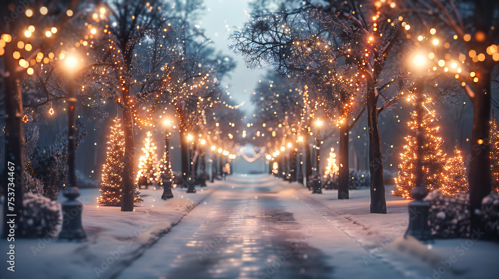 Winter Night in Snowy Park, Seasonal Beauty and Frost, Cold Landscape Illuminated
