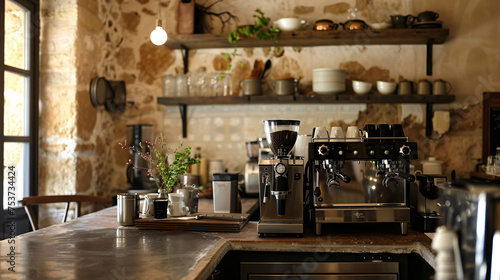 A professional espresso machine on a wooden countertop, with a rustic stone wall and kitchen utensils in the background, evoking a cozy, artisan coffee shop atmosphere. Generative AI