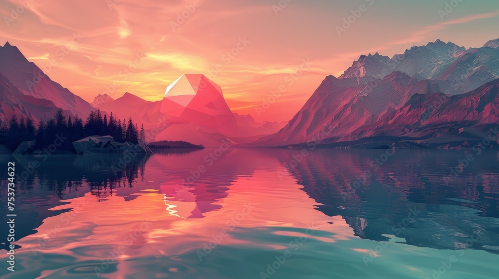 A serene geometric landscape made of low poly textures