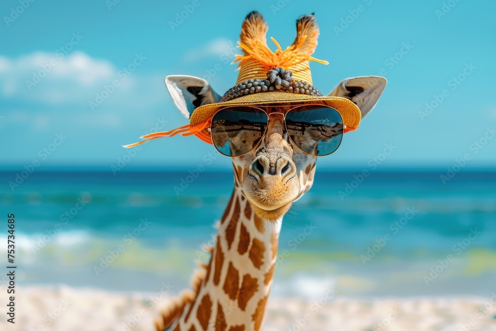 Obraz premium giraffe in sunglasses and hat on the beach near the sea, looking at the camera. summer vacation by the sea