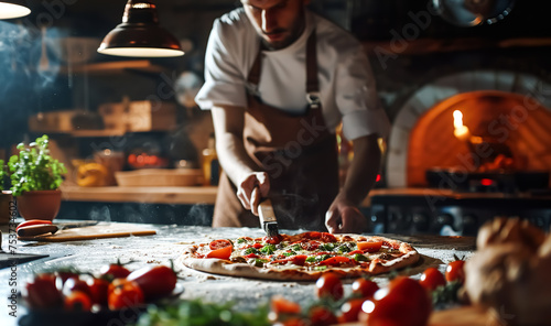 Professional italian chef showing skill of cooking pizza,food in kitchen area.restaurant business industry background.quality of taste