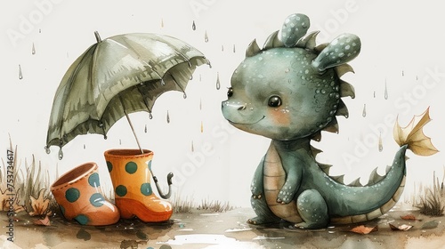 a watercolor painting of a baby dragon holding an umbrella next to a pair of well - worn rain boots.