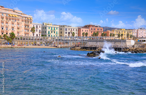 Konstfotografi Cityscape of Civitavecchia in Italy: view of Pirgo beach with its pedestrian bridge