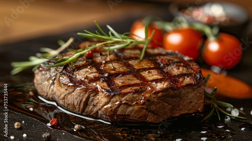 High-end BBQ cuisine, grill marks on perfect steaks, artistic presentation, luxury dining experience