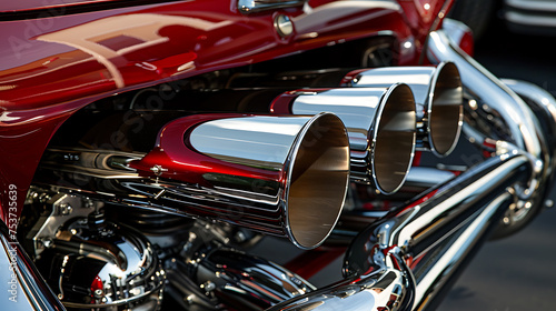 Close up of red vehicle with shiny chrome exhaust pipes