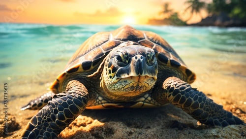 A spotted turtle crawls carefully along the bank of a tropical river in the rays of sunset.