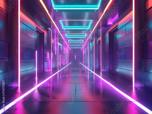 A digital illustration of a futuristic corridor bathed in vibrant neon lights, with a perspective that draws the eye towards infinity. Resplendent photo