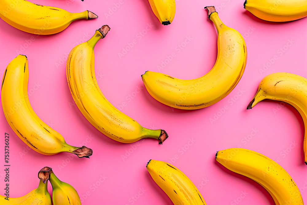 fruit pattern of fresh banana slices on pink background. Top view fruit pattern of fresh banana slices on pink background. Top view