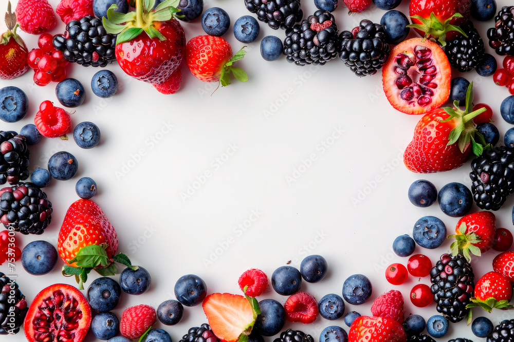 different berries in the form of a frame on a white background with copy space different berries in the form of a frame on a white background with copy space