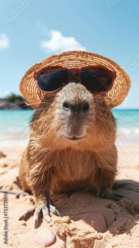 capybara in sunglasses and hat on the beach near the sea, looking at the camera. summer vacation by the sea