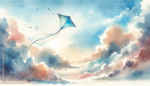 Watercolor painting of a kite flying in a cloudy sky photo