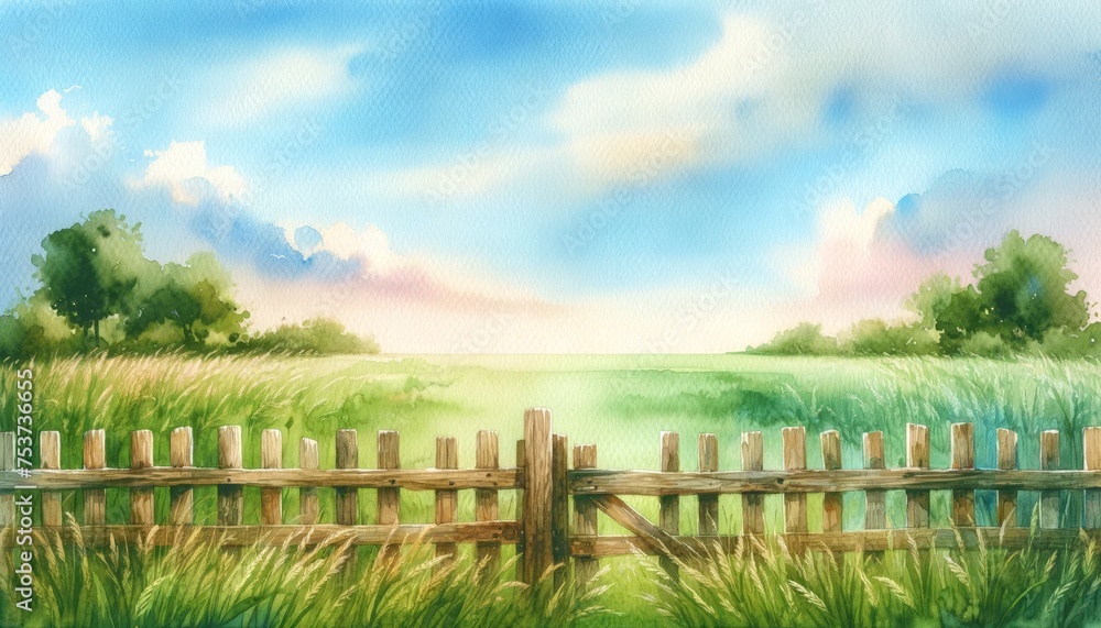Watercolor painting of a serene countryside landscape