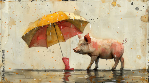 a painting of a pig with an umbrella and a red boot in the middle of a puddle with water droplets on it.