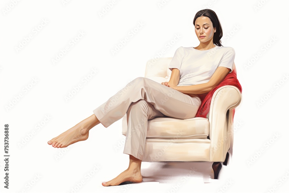 Woman sitting on a comfy chair and waiting with her legs crossed on white background