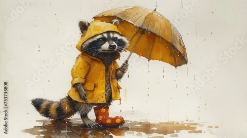 a painting of a raccoon in a raincoat and rubber boots holding an umbrella while standing in the rain.