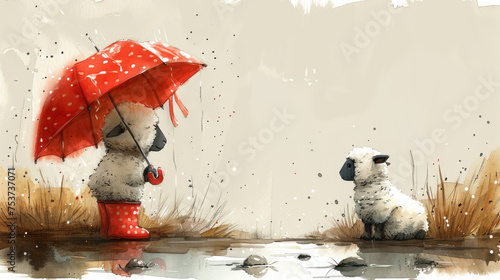 a painting of a sheep and a person with a red umbrella sitting in a puddle next to a white wall. photo