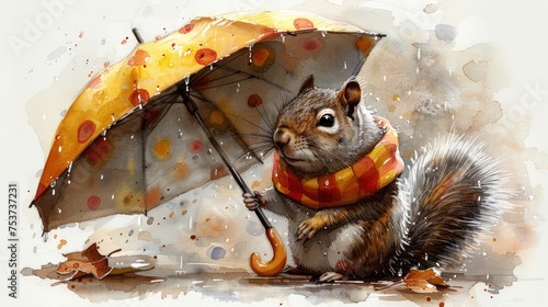 a watercolor painting of a squirrel holding an umbrella and wearing a scarf and scarf around it's neck.