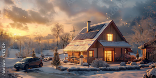 Solar pannels in winter on a roof. Sunset in the background. Electric car parked. AI Generated
