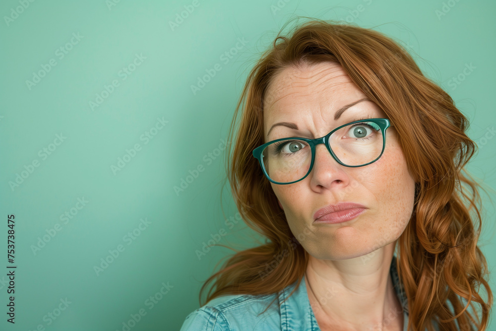 a photograph of a 45 year old mother who is confused, light green background. AI Generated